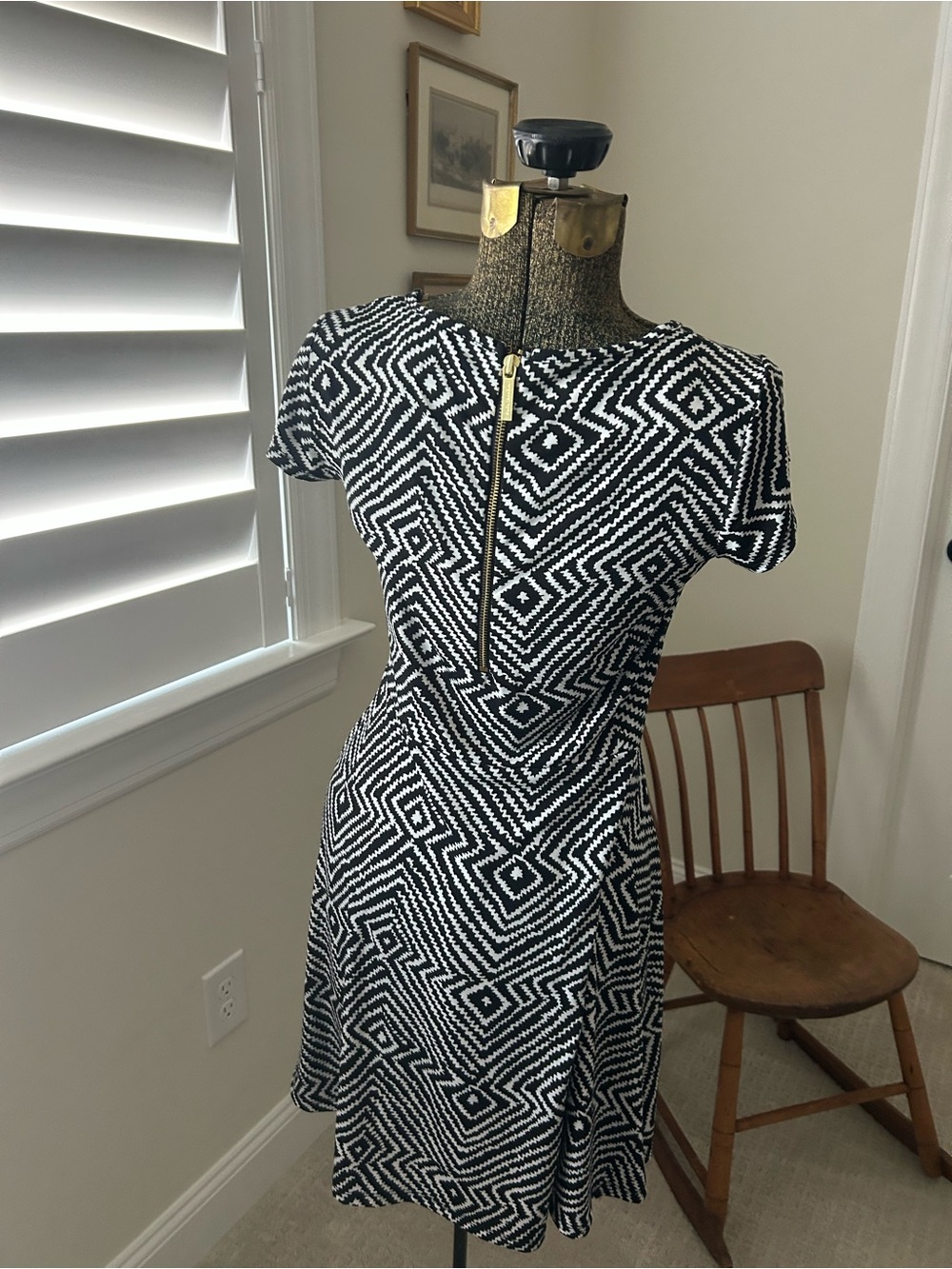 KORS Michael Kors Black and White Geometric Fit-and-Flare Dress